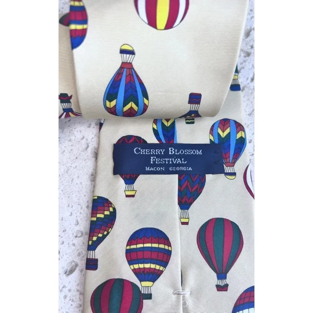 Cherry Blossom Festival Hot Air Balloon Silk Neck Tie Yellow Blue Red